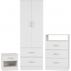 Polar Bedroom White Trio Set- 2 Door Wardrobe, 3 Drawer Chest and 2 Drawer Bedside