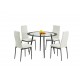 Acodia Glass Dining Set with 4 White PU upholstered dining chairs.