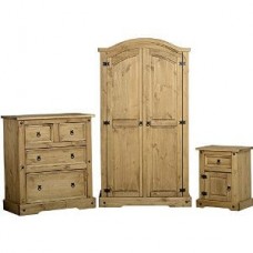 Corona Waxed Pine BedroomTrio Set- Double Wardrobe, 2 & 2 Drawer Chest and 1 Drawer Bedside by Seconique